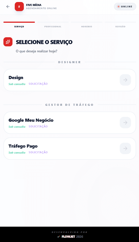 Cliente selecionando o serviço na página pública