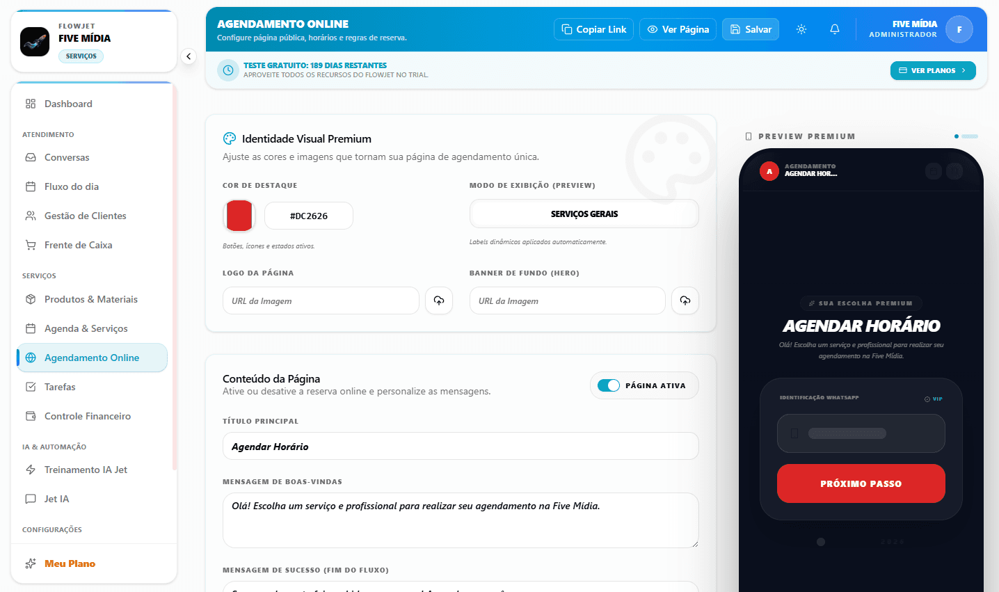 Configuração da página pública com preview ao vivo