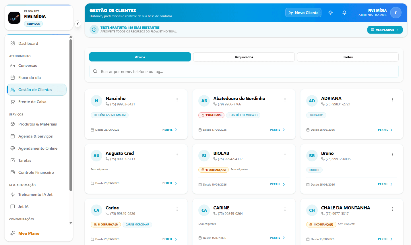 Gestão de clientes com tags e cobranças