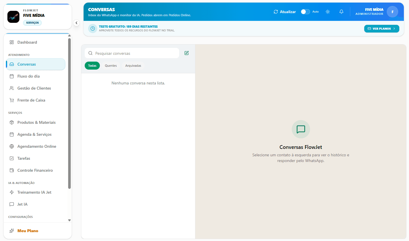 Inbox do WhatsApp na plataforma