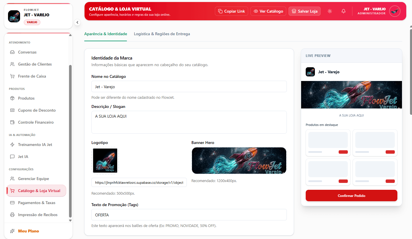 Identidade da loja virtual com preview ao vivo