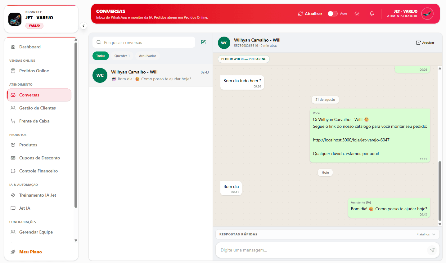 Inbox do WhatsApp com IA e pedido vinculado