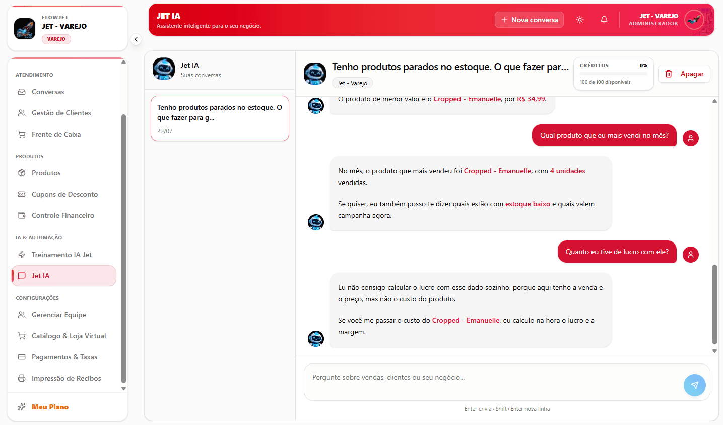 Jet IA respondendo sobre vendas e estoque